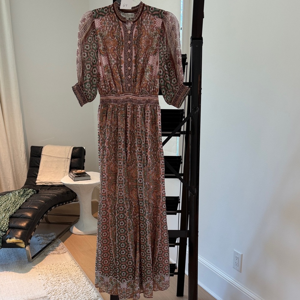 Hale Bob Pink Paisley Maxi Dress with Smocked Waist
